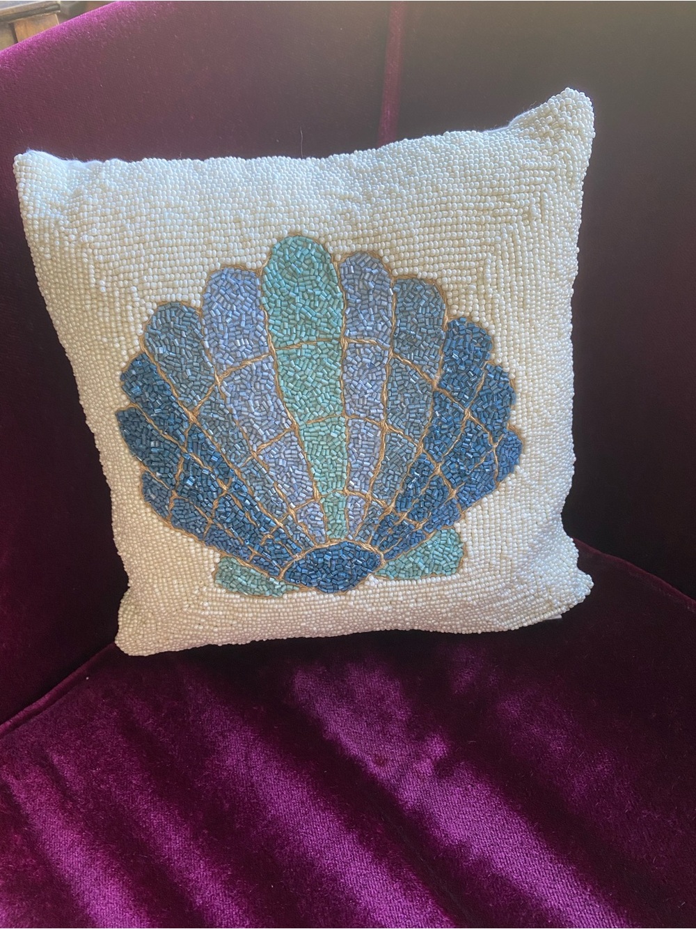 Beaded Shell Accent Pillow Coastal Living White Blue Teal Seashell Ocean Beachy